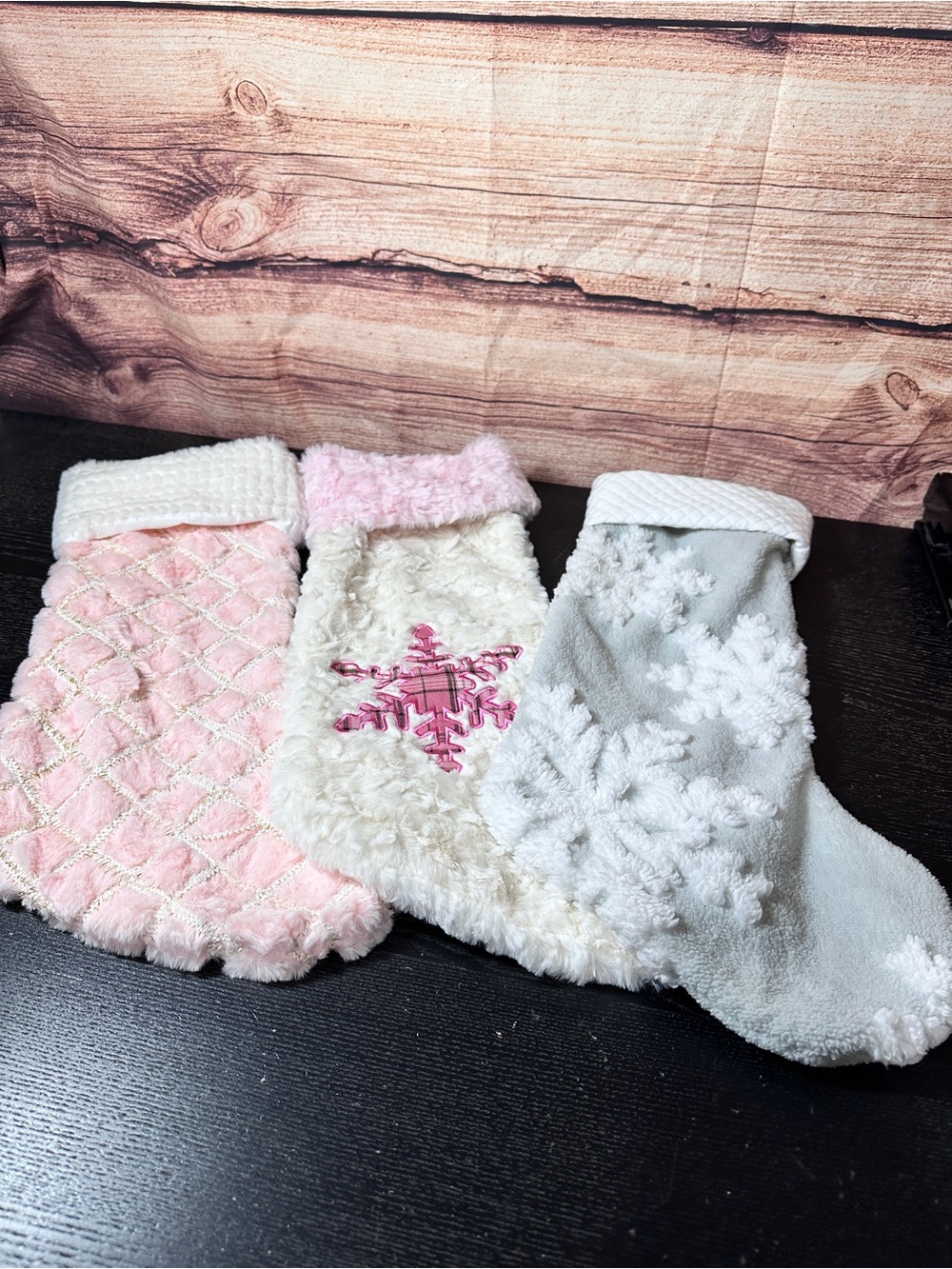 Furry, Fuzzy Pink And Grey Soft Plush Large Mantle Snowflake Stockings